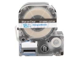 Cinta de Etiquetado Pet 18mm Impermeável para Impressoras Epson/kingjim Palavras Azuis Fundo Transparente
