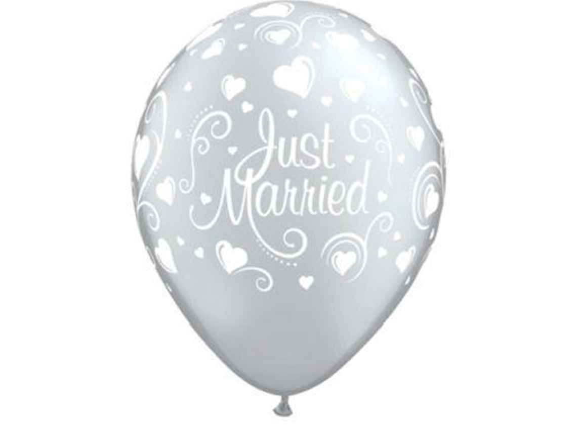 6 Balões 11" Just Married Corações Prata