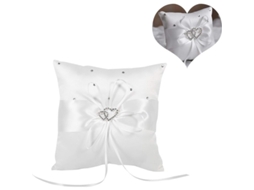 Almohadilla Anillo Boda 20x20cm Corazones Dobles Diamantes Lazo Seda Reutilizable Blanco
