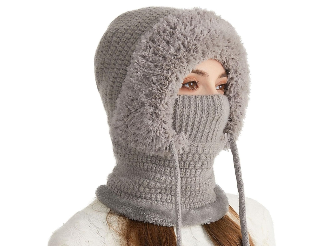 Gorro De Lã 3 Em 1 - Gorro De Inverno Para Senhora - Gorro De Malha - Cachecol E Proteção Facial - Quente - Acrílico - Cinzento