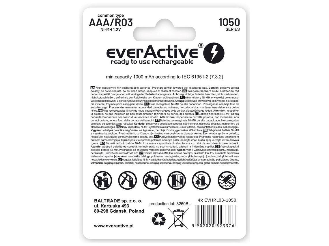 Pilhas Recarregáveis Everactive Ni Mh R03 AAA 550 mAh Infinity Line