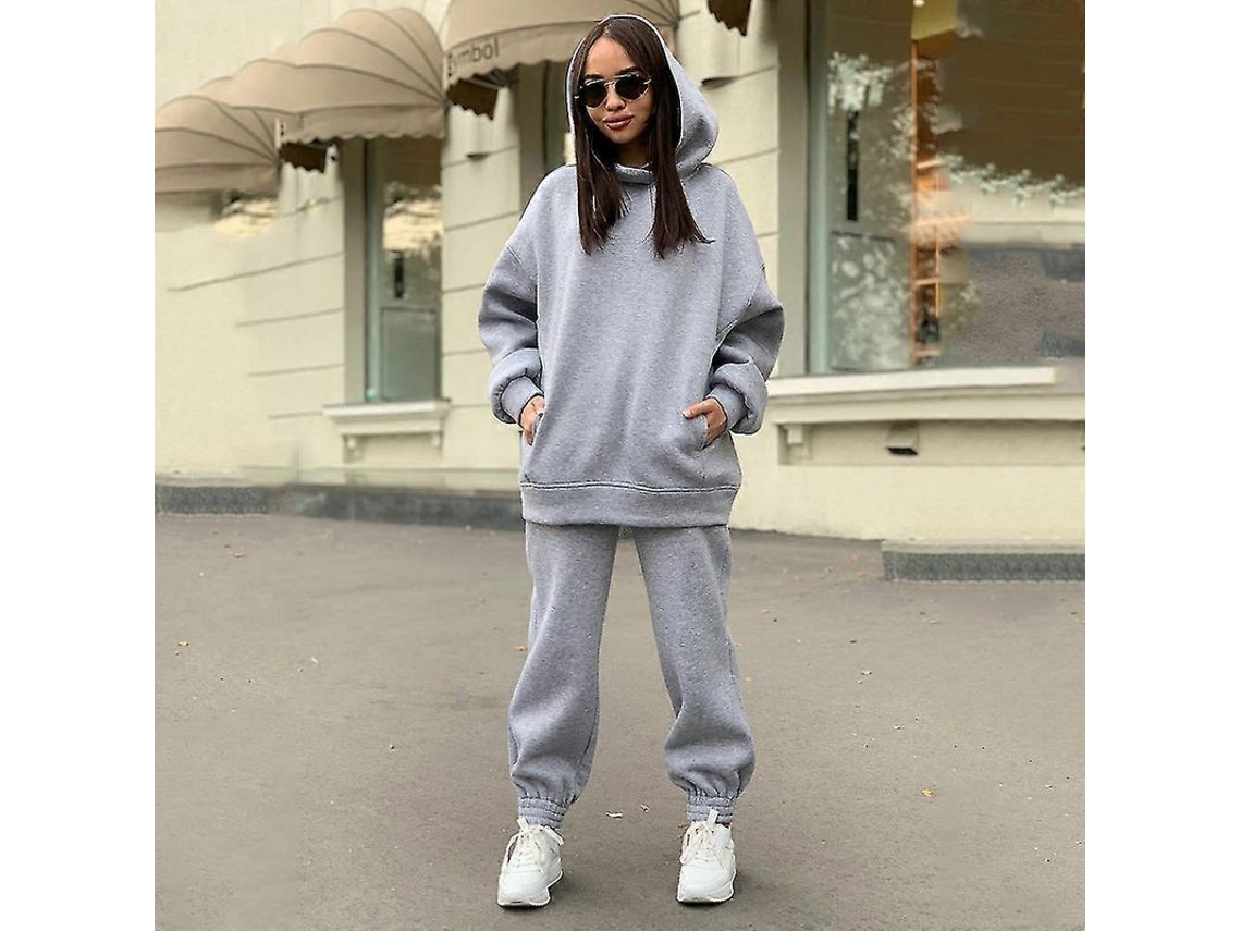 Conjuntos De Moletons Feminino 2 Peças Com Capuz E Calça De Moletom Para Treino E Lazer Cinza Claro