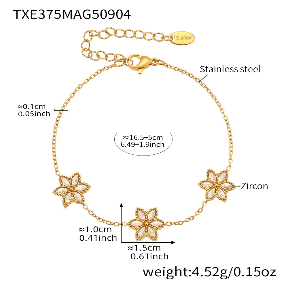 Conjunto De Colar E Pulseira Com Flor De Zircônia, Banhados A Ouro, Em Aço Inoxidável.