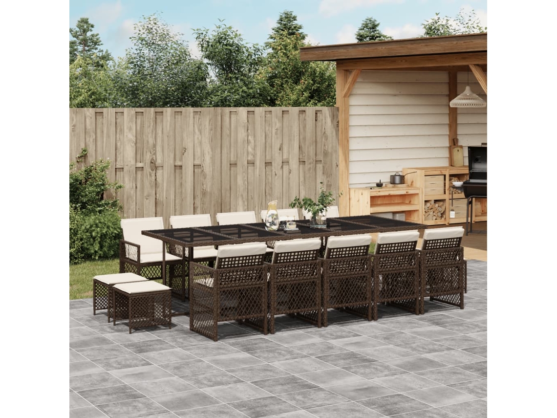 15 Pcs Conjunto Jantar P/ Jardim C/ Almofadões Vime Pe Castanho Dkd Home Decor