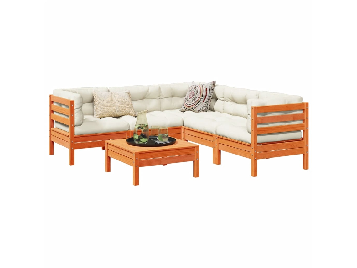 Conjunto 6 Pcs Sofás Jardim Almofadões Pinho Maciço Castanho Cera PANGSHIYUAN
