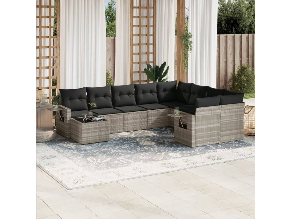 Vidaxl 10 Pcs Conj. Sofás Jardim Com Almofadões Vime Pe Cinzento-claro