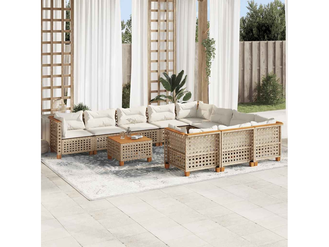 Vidaxl 11 Pcs Conjunto Sofás De Jardim C/ Almofadões Vime Pe Bege