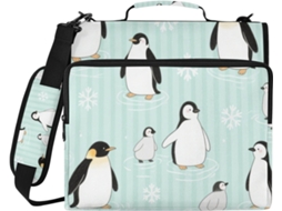 Pasta organizadora de mesa com 3 argolas, alça e diversos bolsos, em formato pinguim com listras verdes fluorescentes.