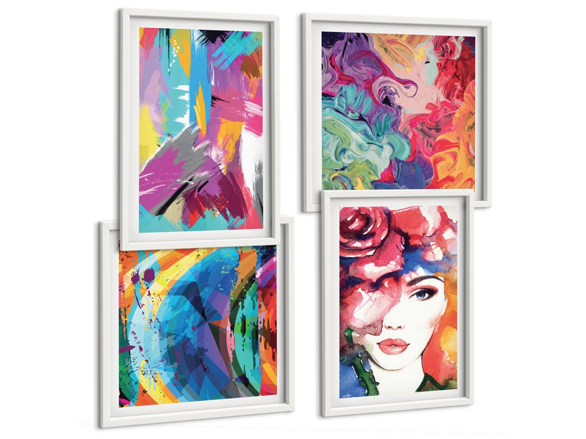 Composição De Quadros Padrões De Pintura Abstratos Coloridos Moldura Branca Fotos Para O Escritório Espelharte (conjunto De 4 Imagens)