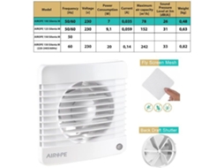 Airope, VMC, Ventilador 100 mm, Extrator de ar com válvula anti-retorno Rede mosquiteira integrada, 7 W, dB (A) 26, para banheiro