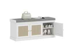 Banco para Sapatos BTFORUS 9 pares com 3 portas de vime, almofada e prateleira ajustável (105x35x47cm) branco