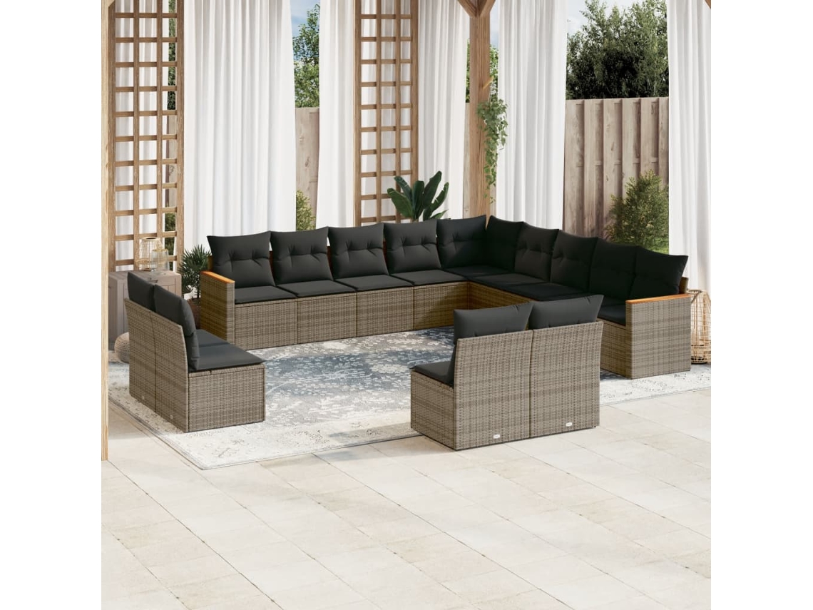 Vidaxl 13 Pcs Conjunto Sofás P/ Jardim C/ Almofadões Vime Pe Cinzento