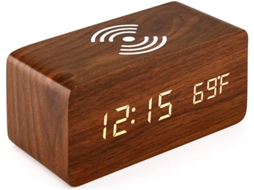 Despertador com Carregador Sem Fio Qi Compatível com Iphone Samsung Wood Led Digital Clock Função de Controle de Som, Hora, Data, Exibição D EHSTMIND