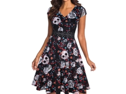 Vestido Estampado de Manga Curta com Caveira de Natal Halloween M