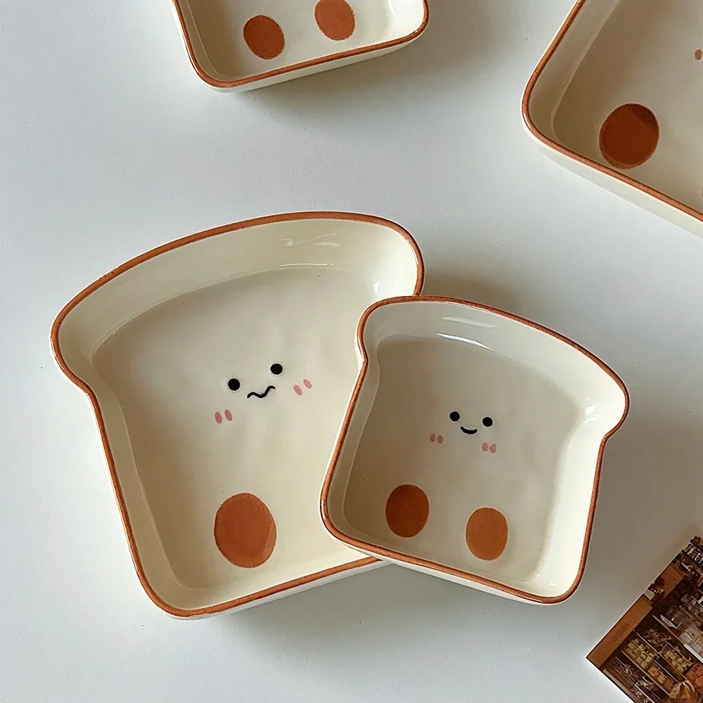 Conjunto de 2 Pratos de Cerâmica em Formato de Torrada, Estilo Coreano, com Desenhos Animados . MDUG (grande e Pequeno)