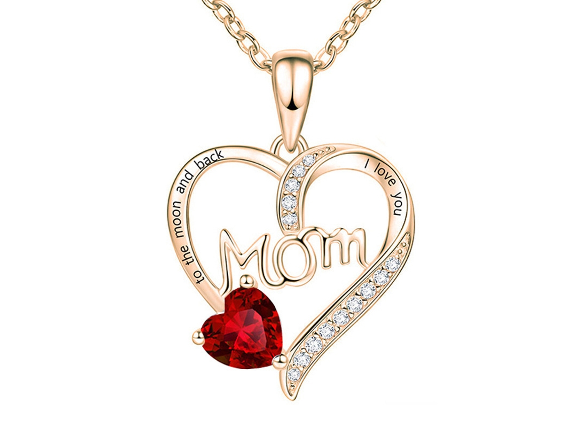 Colar Pingente Coração "mom" Em Ouro Rosa, Com Pedra Vermelha E Zircônias, Prenda Delicada Para O Dia Da Mãe