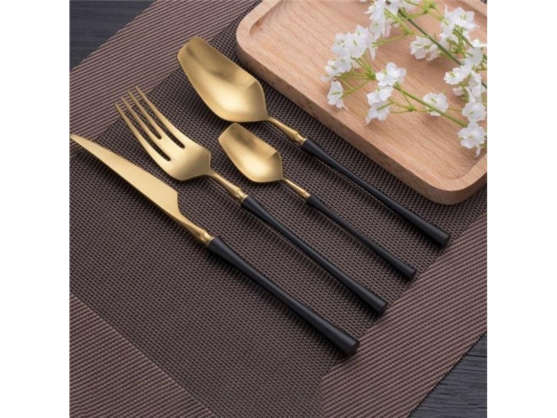 2026 conjunto de Cubiertos de Lujo de Acero Inoxidable, 4 Piezas: Cuchillo, Tenedor, Cuchara. Plato no Incluido Oro Negro