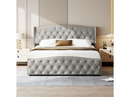 Cama Casal Hidráulica 160x200cm Com Led, Armazenamento Sob Cama, Veludo Samt Cinza Escuro, 250kg, Design Onda Moderno