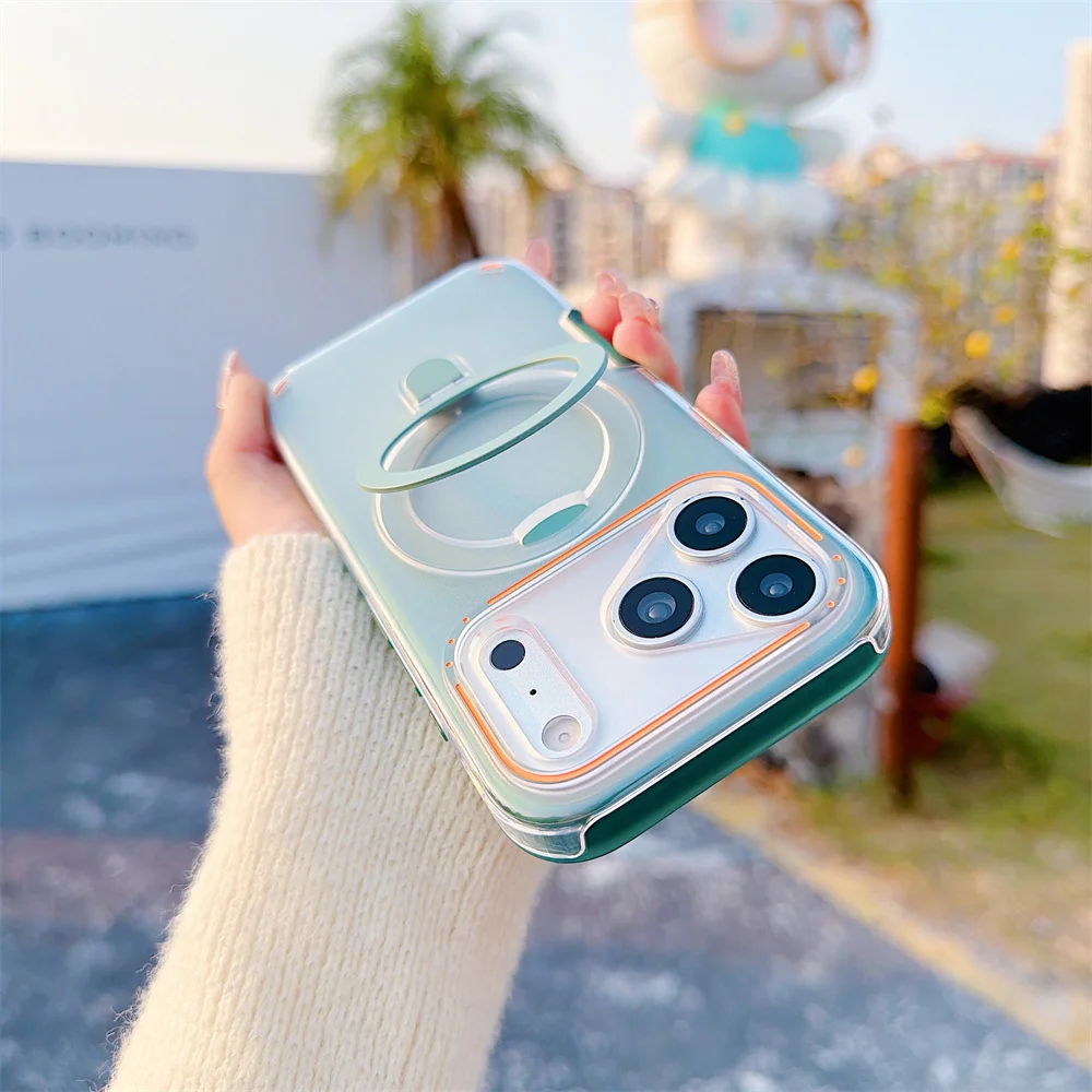 (iphone 16 Plus, Verde) Capa Transparente Fosca Magnética Para Iphone Com Suporte De Anel Metálico Magsafe.