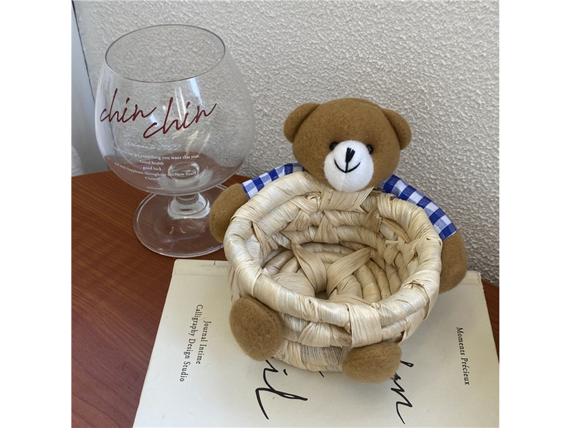 Cestinha de armazenamento urso adorável em palha para mesa, escritório, quarto, design animado S/MARCA