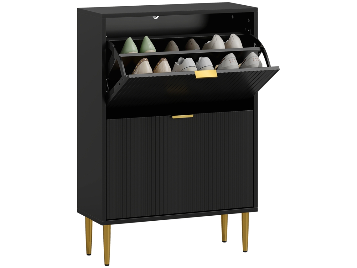 Móvel Para 12 Pares De Sapatos Com 2 Gavetas Portas Caneladas E Prateleiras 60x24x91,5cm Preto