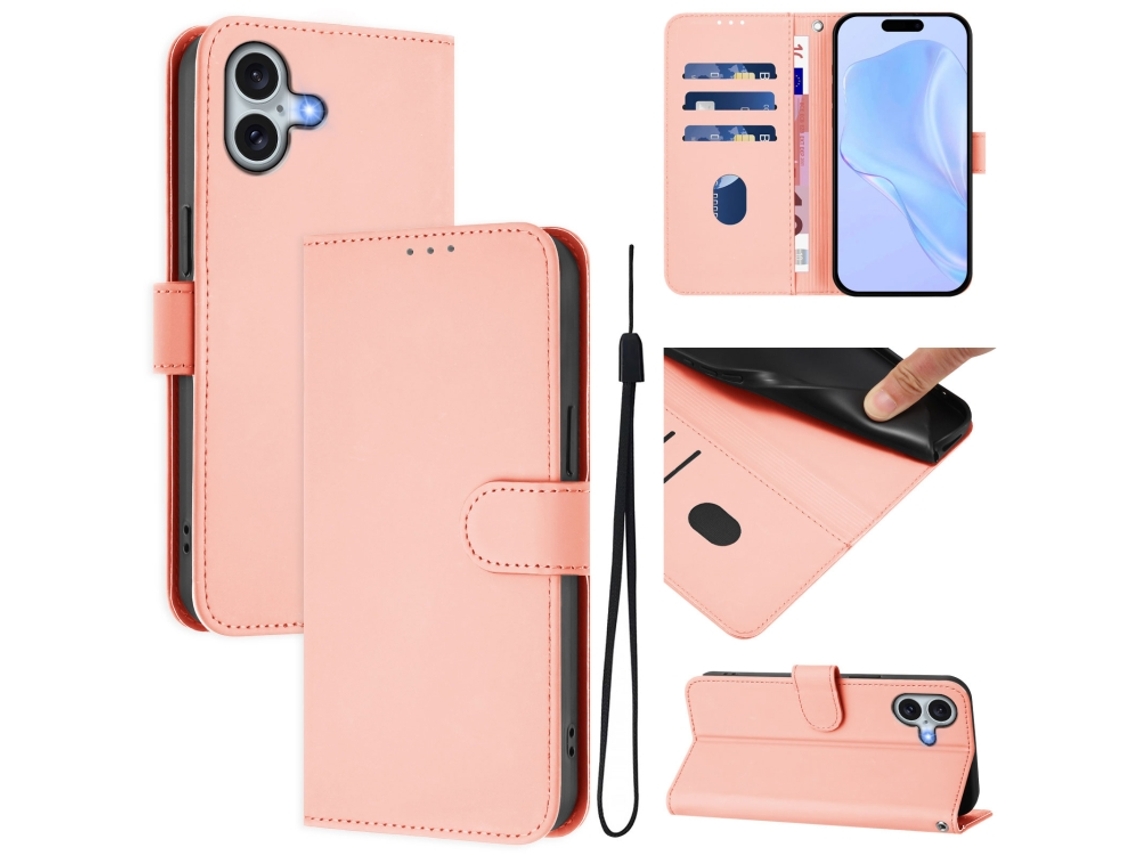 Capa De Couro Sintético Para Iphone 16 Plus - Toque Suave - Cor Sólida - Com Cordão