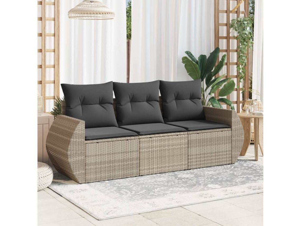 Vidaxl 3 Pcs Conj. Sofás Jardim C/ Almofadões Vime Pe Cinzento-claro