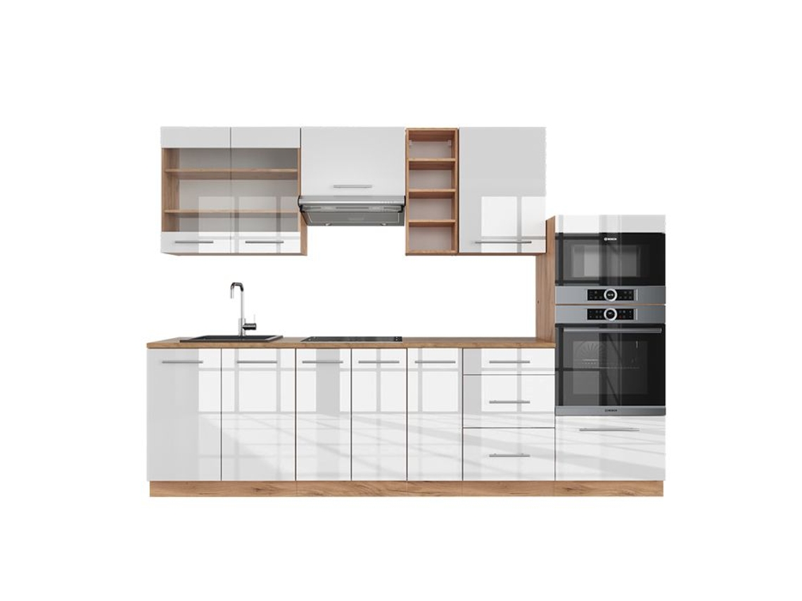 Cozinha Fame-Line, 280 cm sem bancada, branco brilhante/carvalho dourado VICCO