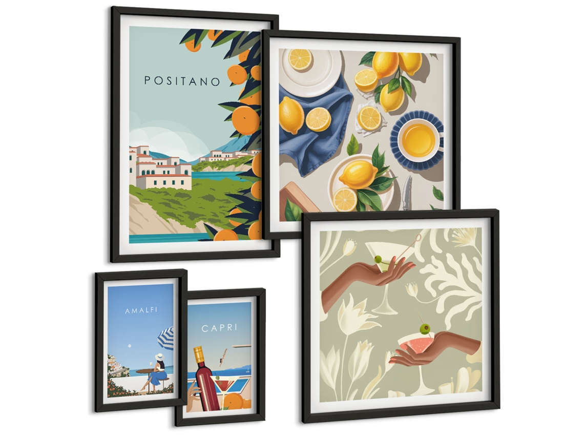 Composição De Quadros Na Parede Flores, Frutas Em Vasos Moldura Preta Pinturas De Quarto Espelharte (conjunto De 5 Imagens)