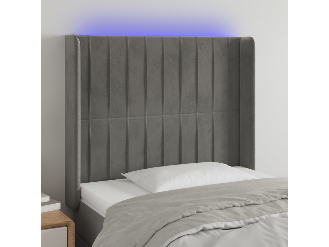 Vidaxl Cabeceira Cama C/ Luzes Led Veludo 103x16x118/128cm Cinza-claro
