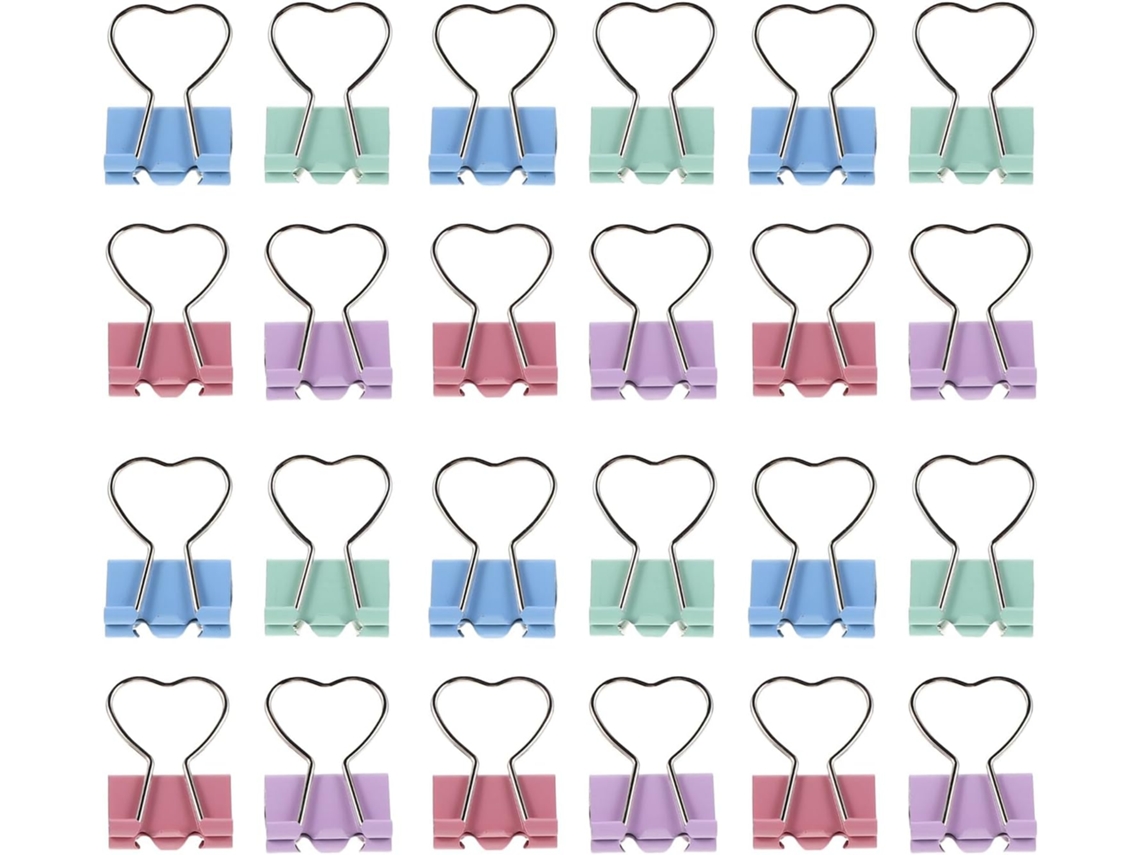 Clipes de papel de metal em formato de coração, conjunto com 24 unidades em núcleos sortidos nas cores rosa, azul, verde e vermelho.