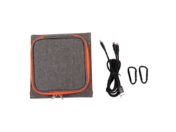 Carregador solar portátil para uso externo, feito de silício monocristalino de 10W e 5V, com alimentação USB, ideal para camping e trilhas.