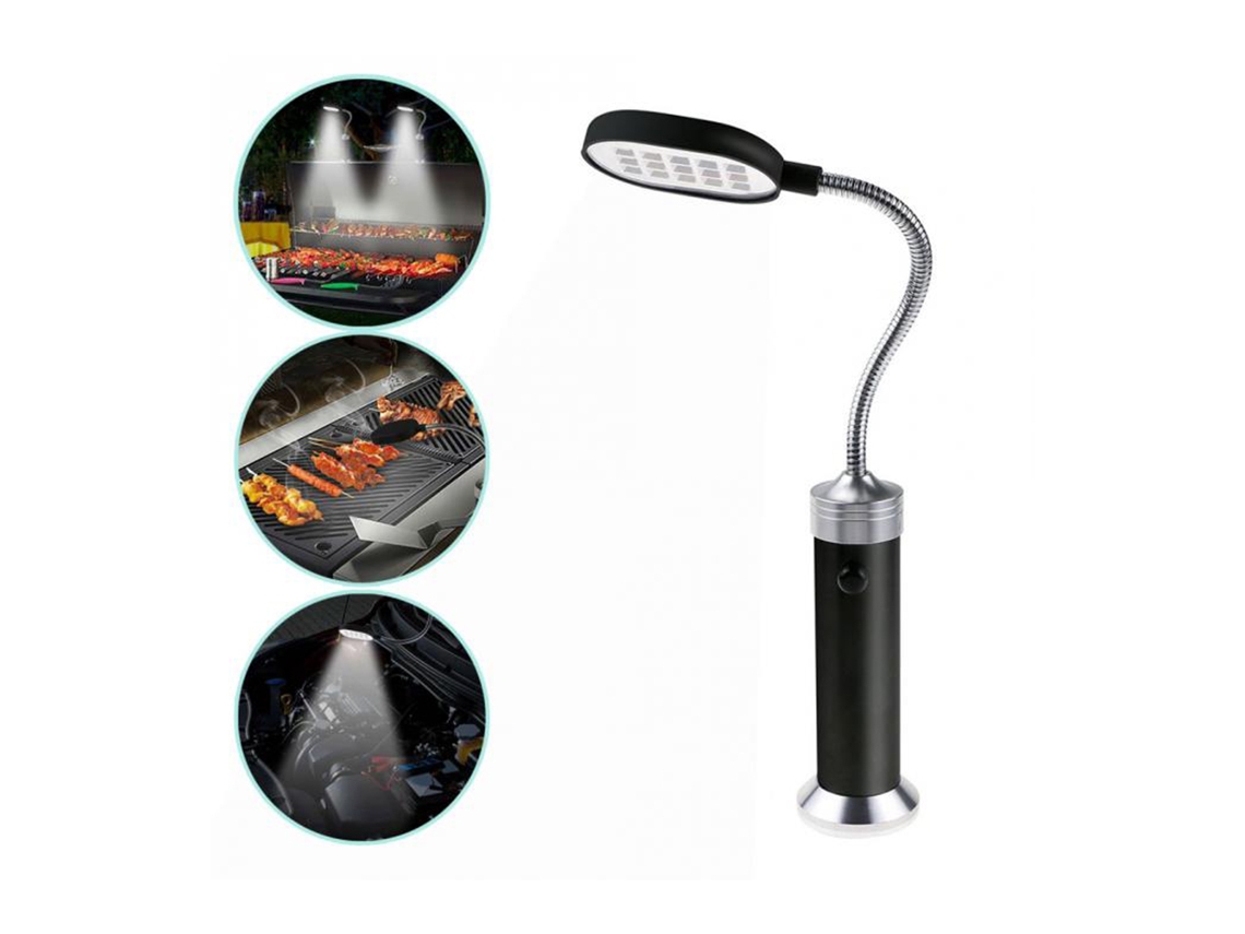 Lâmpada portátil de LED para churrasco, com 15 luzes e ajuste de 360°, ideal para camping e grelha.