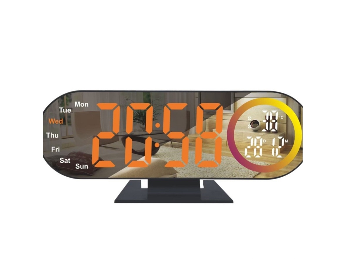 Despertador Digital Led Com Espelho E Visor Grande Caixa Preta Luz Laranja Sfushos