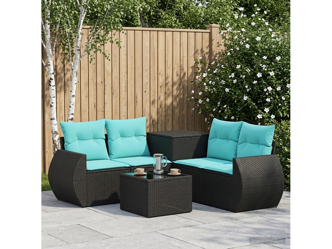 Vidaxl Conjunto De Sofás 6 Unid. Preto E Azul Rattan Poliéster E Aço