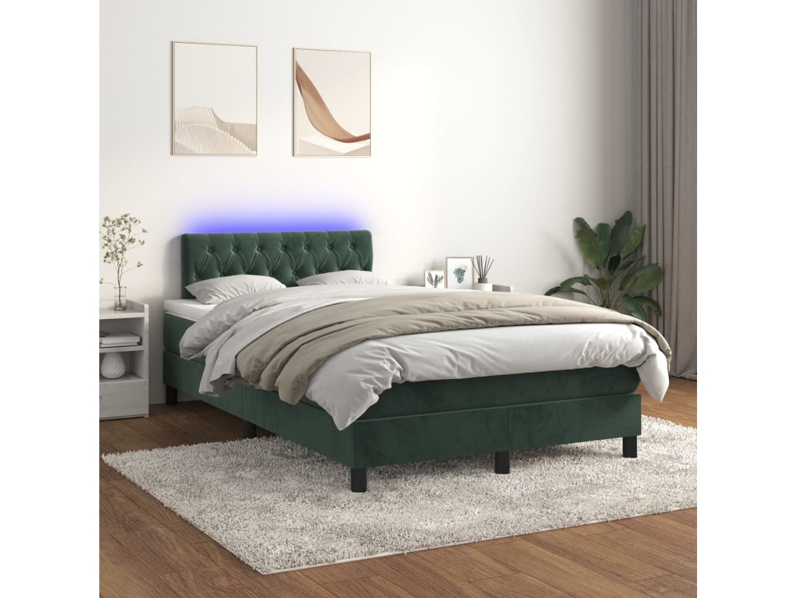 Cama Box Spring C/ Colchão/led 120x200 Cm Veludo Verde-escuro