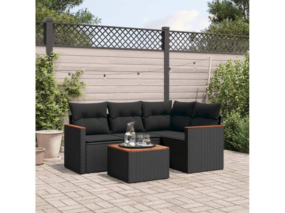 Vidaxl 5 Pcs Conjunto Sofás De Jardim Com Almofadões Vime Pe Preto