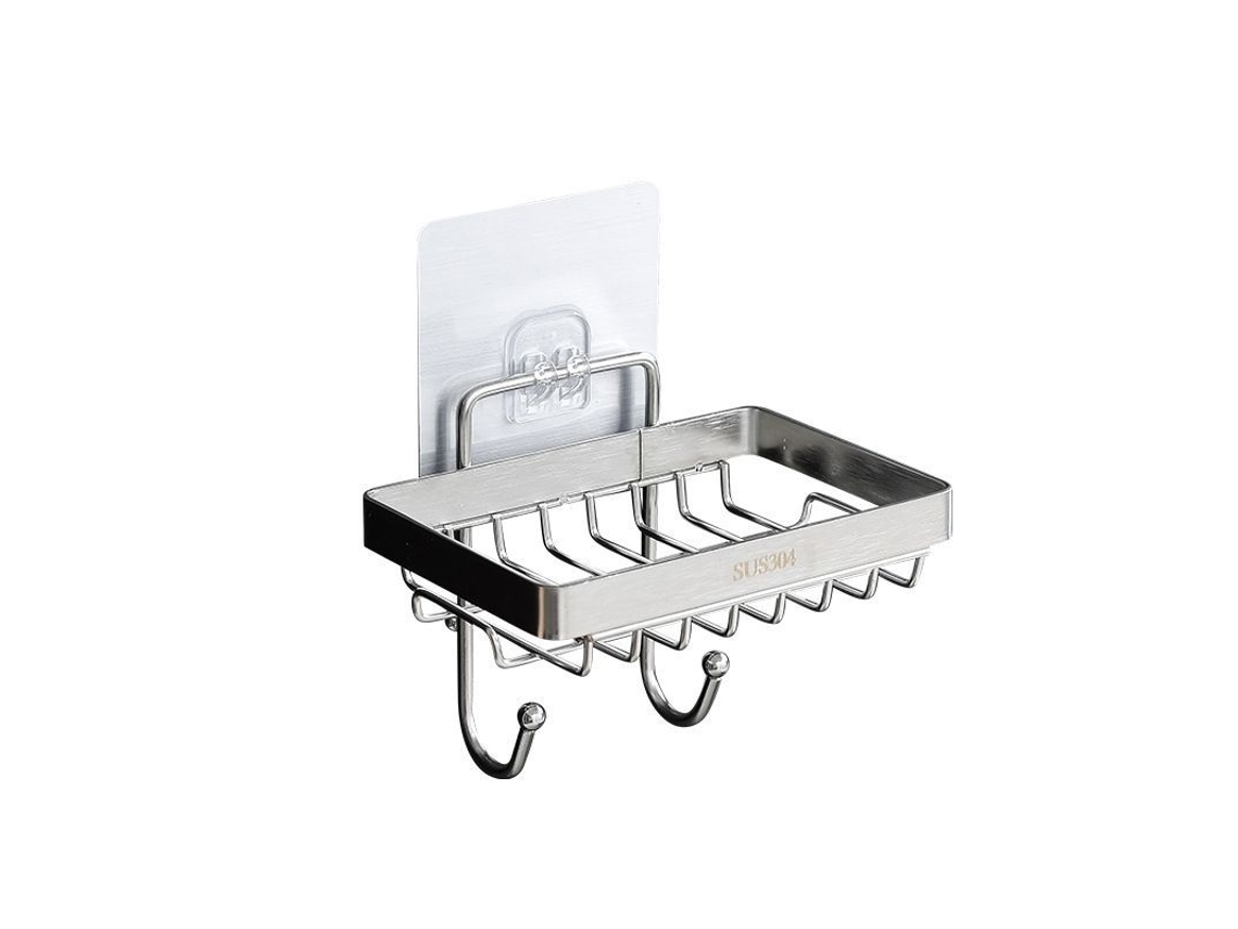 Porta Jabón Autoadhesivo Con 2 Ganchos Para Baño Cocina Sin Taladrar Soporte Esponja Inoxidable