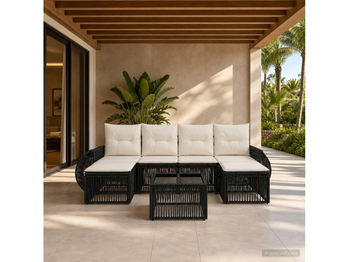 Vidaxl Conjunto De Sofá De Jardim 7 Unid. Preto E Branco Creme Vime Pe