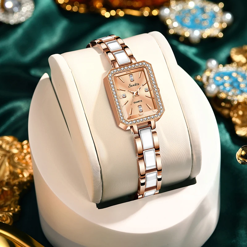 Relógio De Quartzo Quadrado Elegante Em Aço Inoxidável (marrom Dourado)