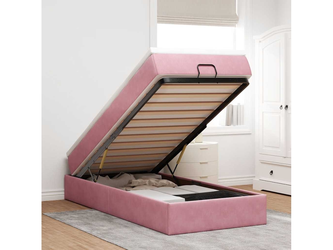 Estrutura De Cama Otomana Com Colchão Rosa 90x200cm Veludo