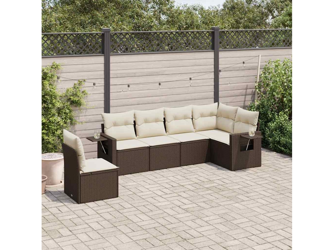 Vidaxl 6 Pcs Conjunto De Sofás Jardim C/ Almofadões Vime Pe Castanho