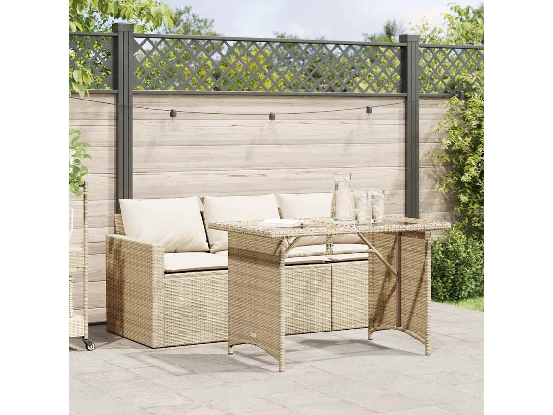 Vidaxl 2 Pcs Conjunto De Jantar P/ Jardim Com Almofadões Vime Pe Bege