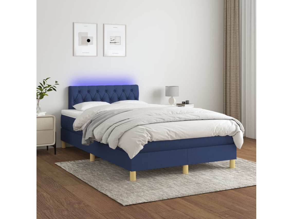 Vidaxl Cama Box Spring C/ Colchão E Led 120x200 Cm Tecido Azul