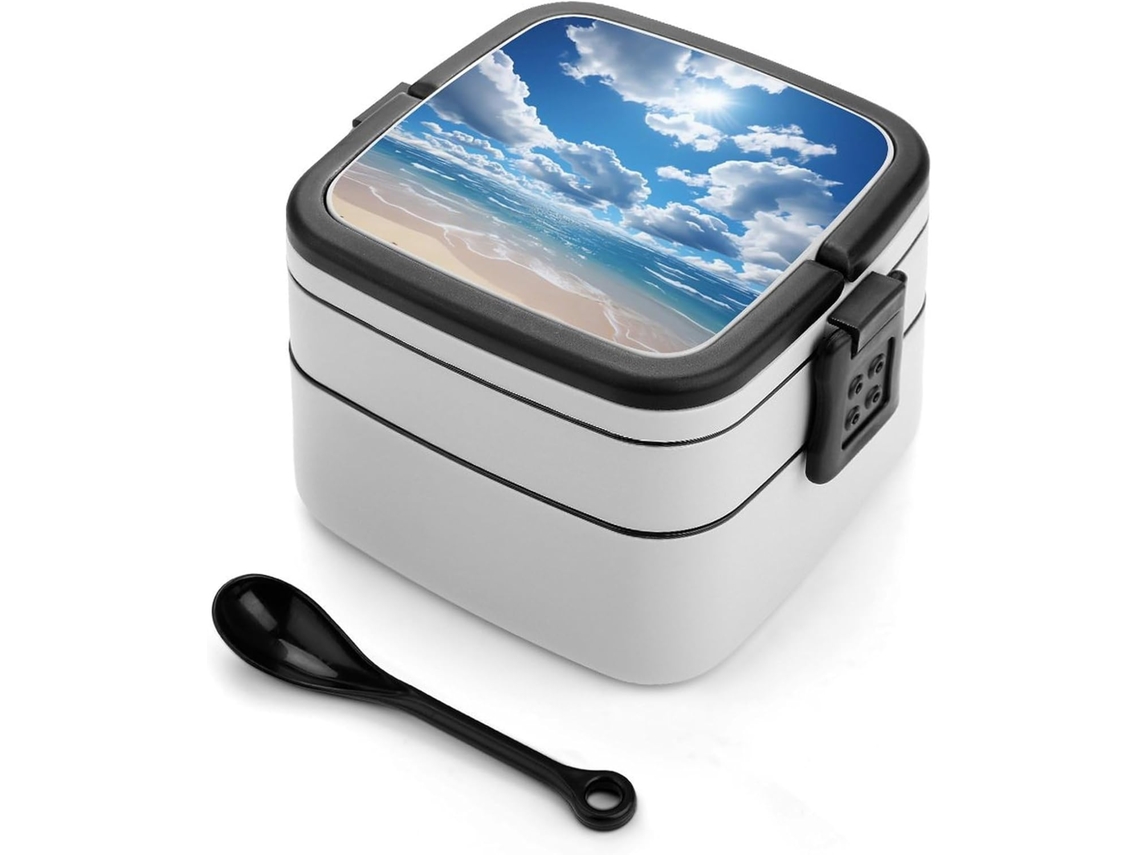Marmita Bento Dupla Camada Ocean And White Cloud Para Adultos Com Colher E Alça, À Prova De Vazamentos, Marmita