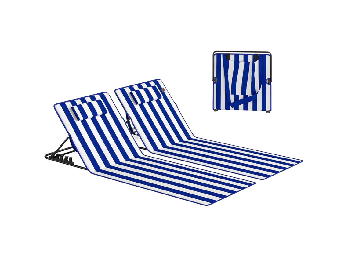 Conjunto de 2 Colchões de Praia com Encosto Ajustável em 4 Níveis, Feitos de Aço e Poliéster, 154x57x52 Cm, Azul e Branco. ESSÊNCIACASA