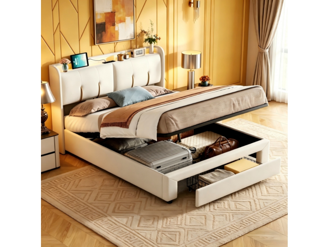 Cama com Arrumação 140x200 com Led e Usb, Sistema Hidráulico, Bege SIMURQ | SIMURQ