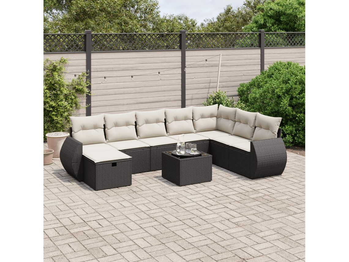 Vidaxl 9 Pcs Conjunto De Sofás P/ Jardim C/ Almofadões Vime Pe Preto