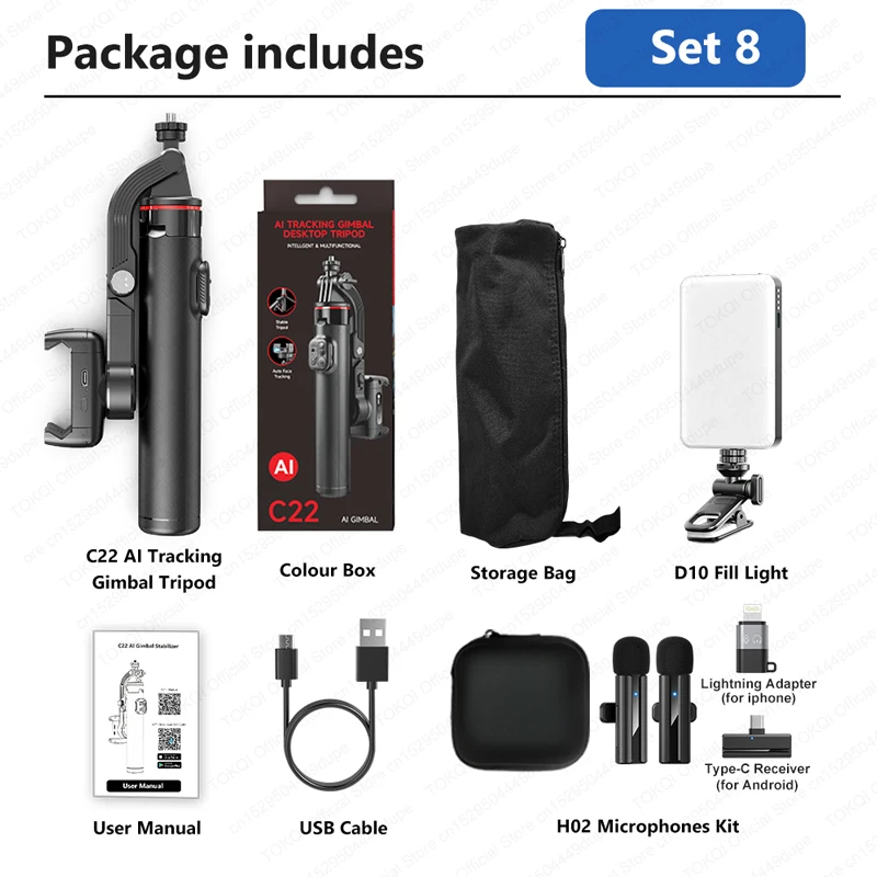 Gimbal Portátil C22 Com Rastreamento Facial Ai 360°, Bastão Selfie, Kit 8 (bolsa+d10+mic H02)