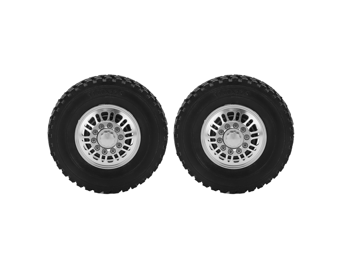 2 pneus dianteiros para carro RC, em aço e alumínio, com borracha preta, para caminhão basculante Tamiya 1/14.